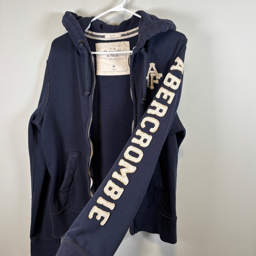 Vintage Abercrombie & Fitch Full Zip Hoodie Distressed Sleeve Logo Blue Unisex - Picture 2 of 11